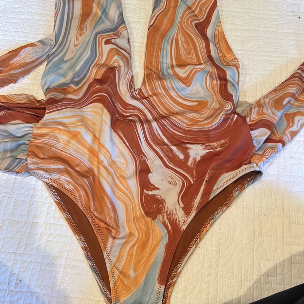 Zara Marble-Print One-Piece Swimsuit in Brown, Blue & Cream - Picture 9 of 10